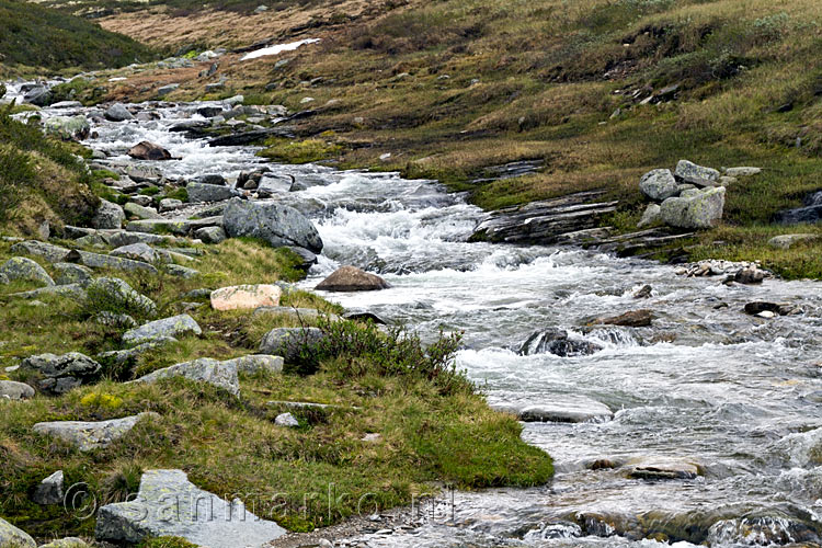 De snelstromende rivier zonder brug in Rondane Nasjonal Park in Noorwegen