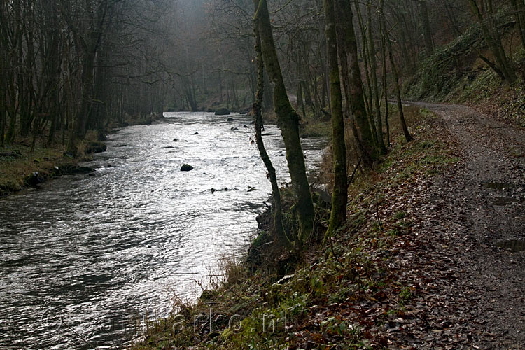 Vanaf het wandelpad uitzicht op de Lesse met het enige beetje zon