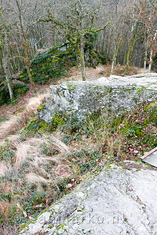 Vanaf een uitzichtpunt de rotsen van de Crêtes de Frahan bij Frahan