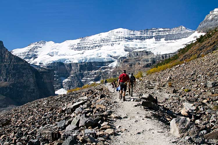 In de drukte wandelen we naar the Plain of the Six Glaciers in Banff NP