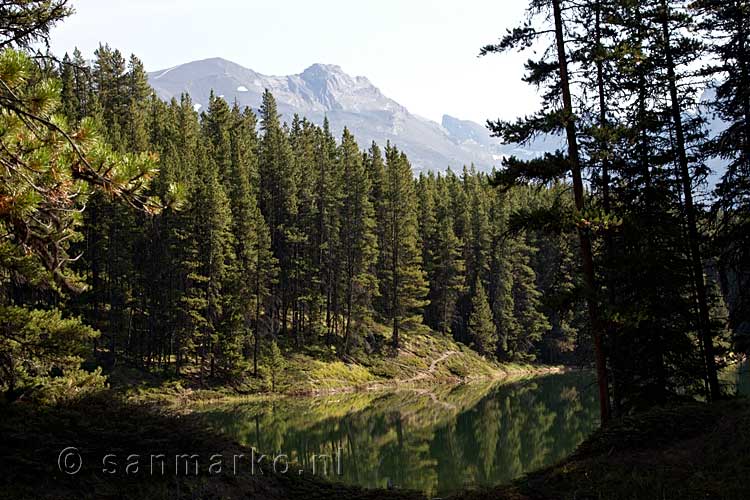 Het eerste uitzicht over Moose Lake bij Maligne Lake