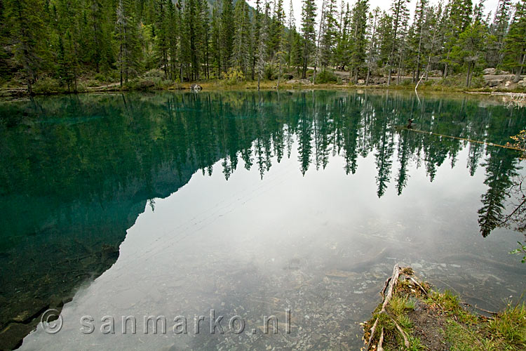De weerspiegeling van de omgevind in Grassi Lakes bij Canmore