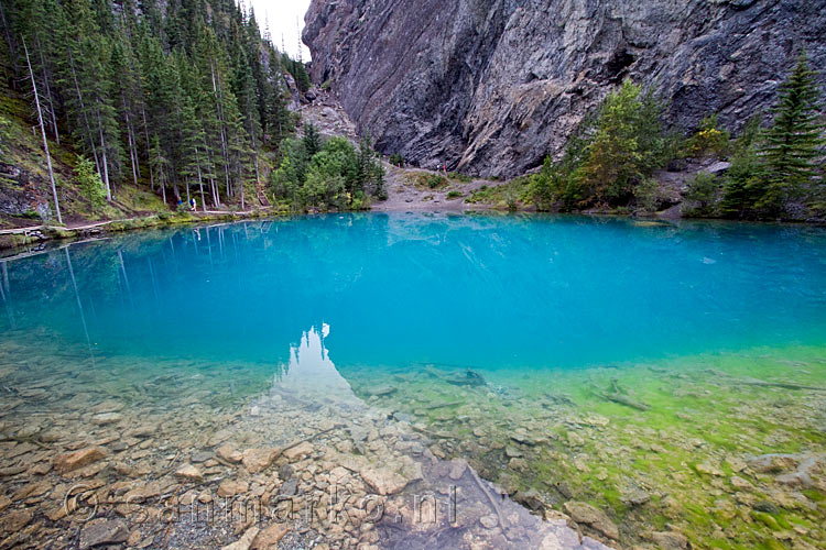 Schitterend blauw water bij de klim wanden van Grassi Lakes