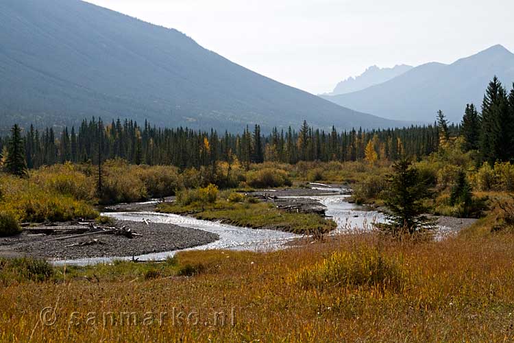 Het uitzicht over Bow Valley in Kananaskis Country bij de Troll Falls