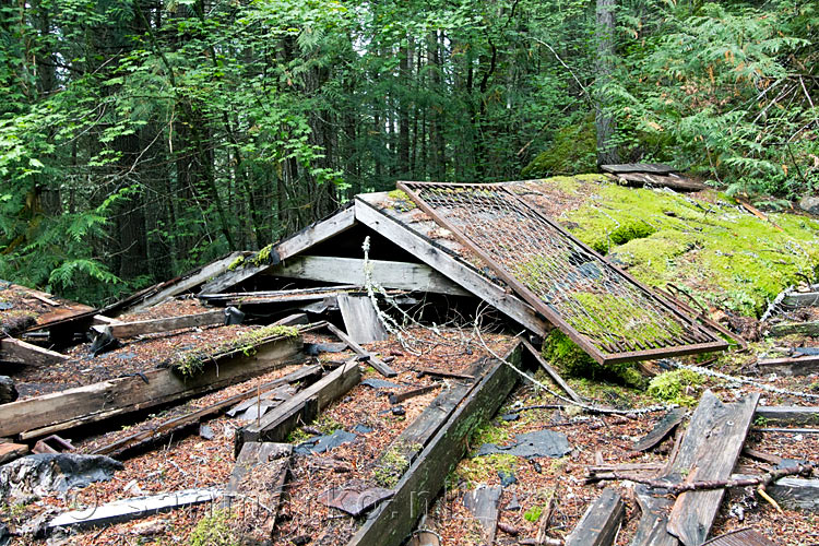 Een ingestort huis bij de oude mijn langs het wandelpad van de Skagit Trail
