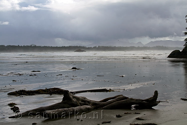 Het uitzicht vanaf het strand bij Schooner Cove over Pacific Rim National Park