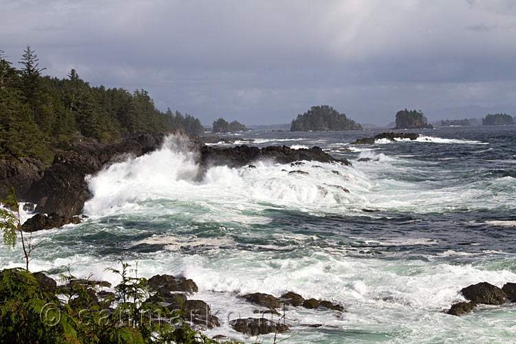 Golven beuken op de rosten voor de kust bij Ucluelet vanaf de Wild Pacific Trail