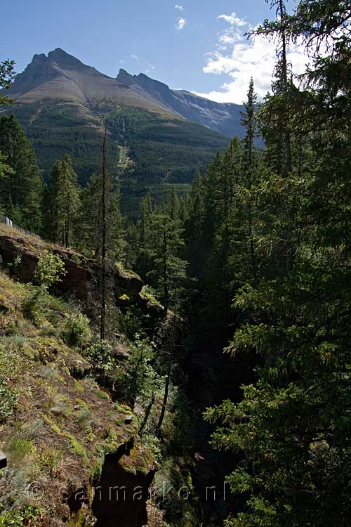 Het uitzicht op de bergen rondom de Red Rock Canyon in Waterton Lakes NP