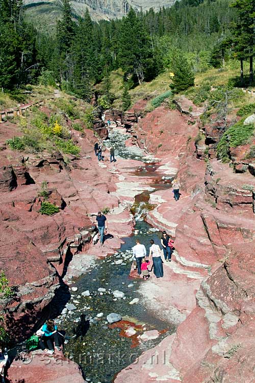 Wandelende toeristen in de Red Rock Canyon in Waterton Lakes National Park