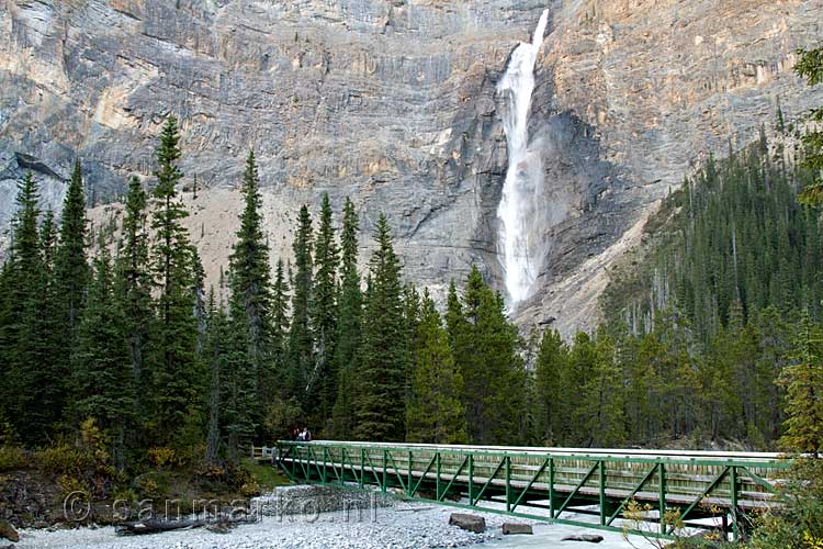 De brug over de rivier naar de Takakkaw Falls in Yoho National Park