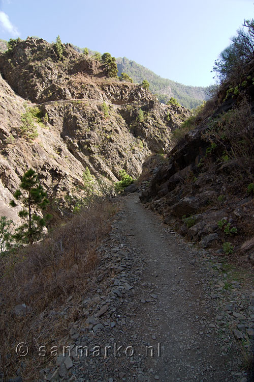 Het wandelpad richting het einde van de Barranco de las Angustias op La Palma