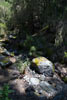 Een grote steen in een droog staande beek, het einde van onze wandeling langs Ruta del Agua