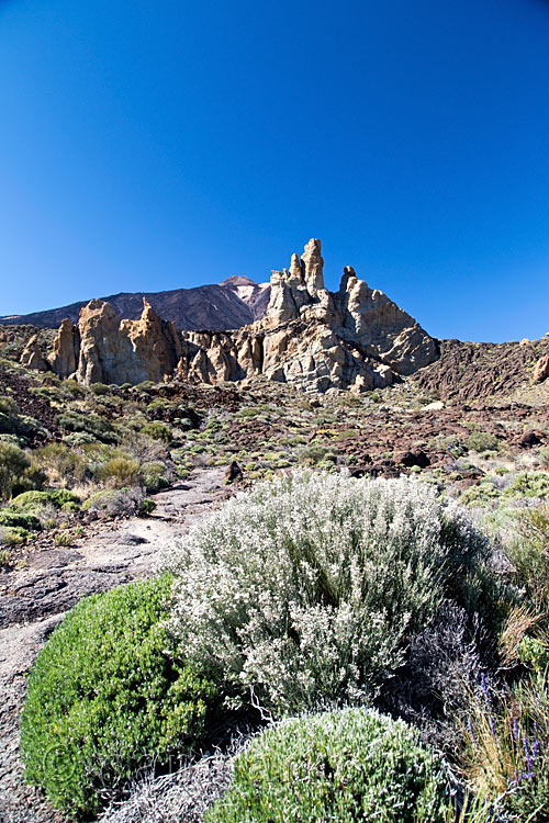 Tijdens het afdalen zien we achter ons schitterende rotsformaties en verdwijnt El Teide op Tenerife