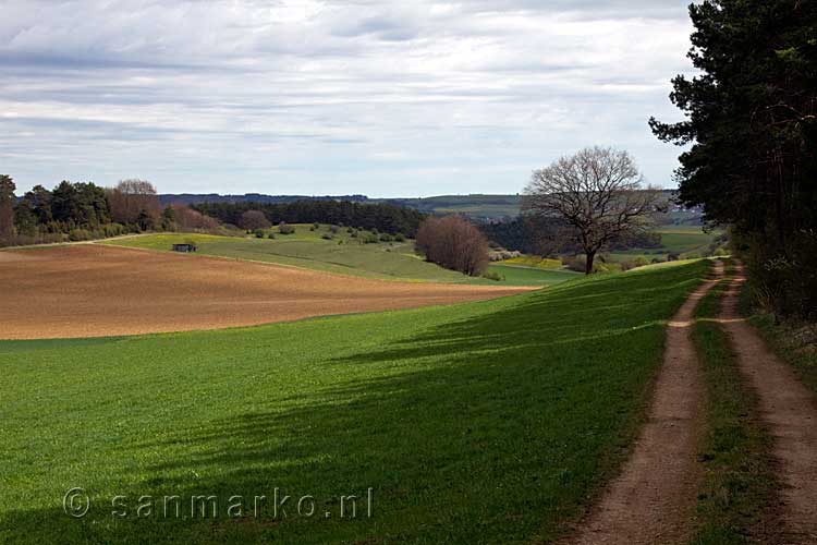 Het wandelpad door de open velden richting het Lampertstal