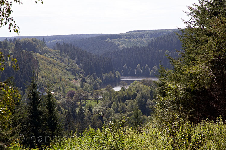 Vanaf het wandelpad een mooi uitzicht over de Perlenbachtalsperre bij Monschau