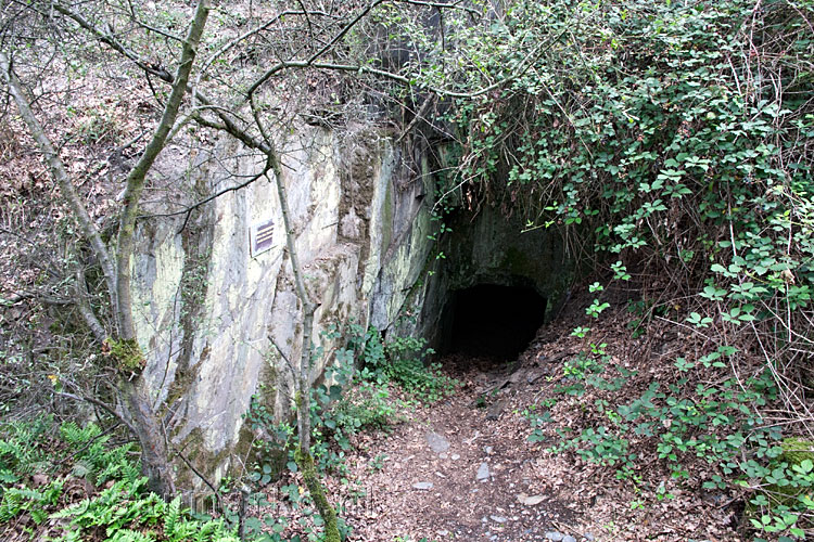 Een oude Schiefer grot langs het wandelpad bij Trimbs in de Eifel