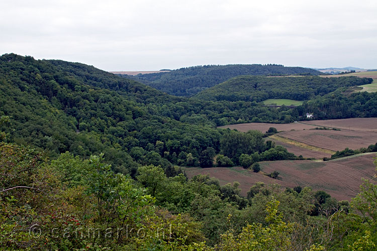 Het uitzicht over de heuvels en dalen van de Eifel in Duitsland