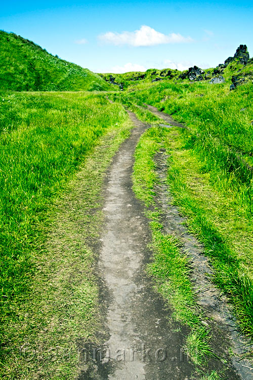 Vlakbij Hellnar wandelen we door een kloof vol gras op Snæfellsnes