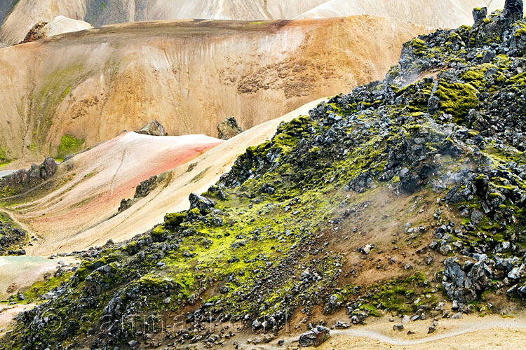 Dampende Eldhraun met schitterende kleuren van Ryoliet in Landmannalaugar