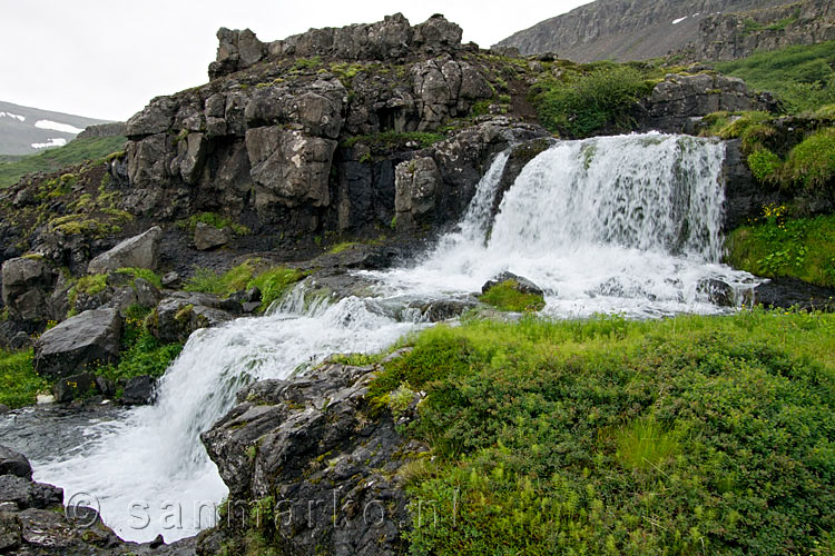 De Göngumannafoss wandelend naar de grote Dynjandi waterval aan de Vestfjarðavegur op de Westfjorden van IJsland