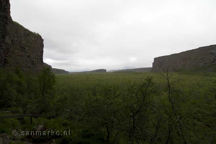 Uitzicht over het hoefijzer vormige dal Ásbyrgi in het Jökulsárgljúfur National Park