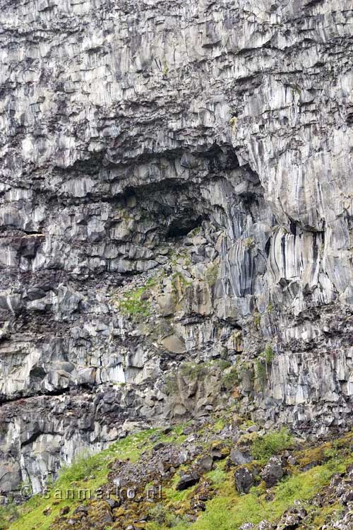 Basalt rotsen met talloze nestelende vogels bij Ásbyrgi in IJsland