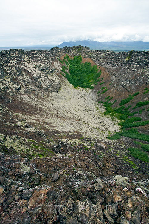 De met mos begroeide krater van Eldborg aan de zuidkand van Snæfellsnes