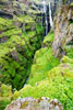 De waterval Glymur in zijn groene kloof vol vogels in IJsland