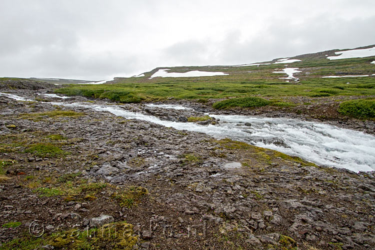 Uitzicht over schitterende Westfjorden vanaf de bovenkant van de waterval Goðafoss op IJsland