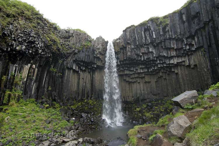 Een mooi uitzicht op de Svartifoss waterval vanaf het wandelpad in Skaftafell in IJsland