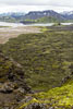 De oude lava stroom, de groene bergen gezien vanaf Nordurnamur