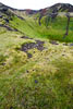 Wandelen door knal groen mos in een zwarte en rode krater Rauðhóll