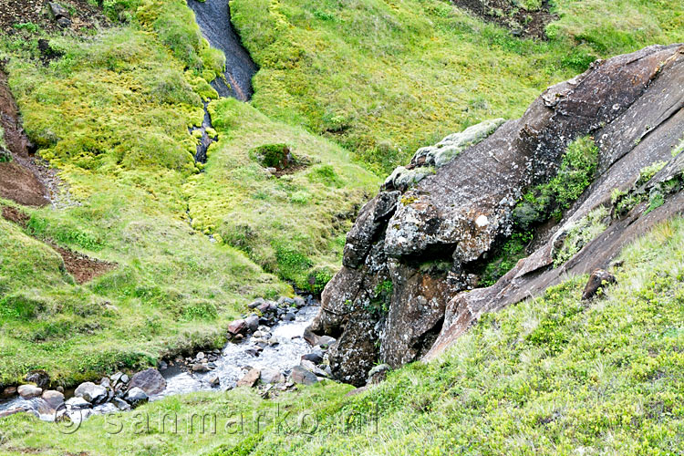 Ontelbare verschillende kleuren groen in contrast met de zwarte stenen bij Selvellir