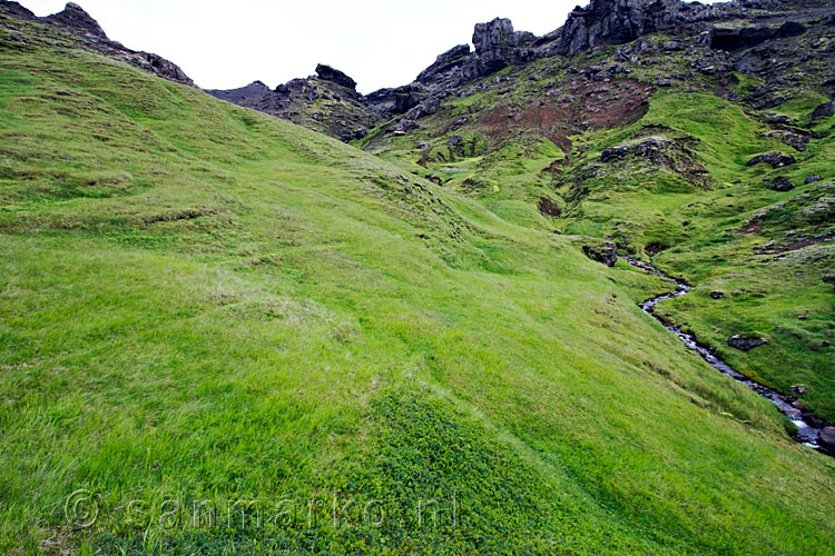 Wandelen door de schitterende natuur bij de kloof Selvellir op IJsland