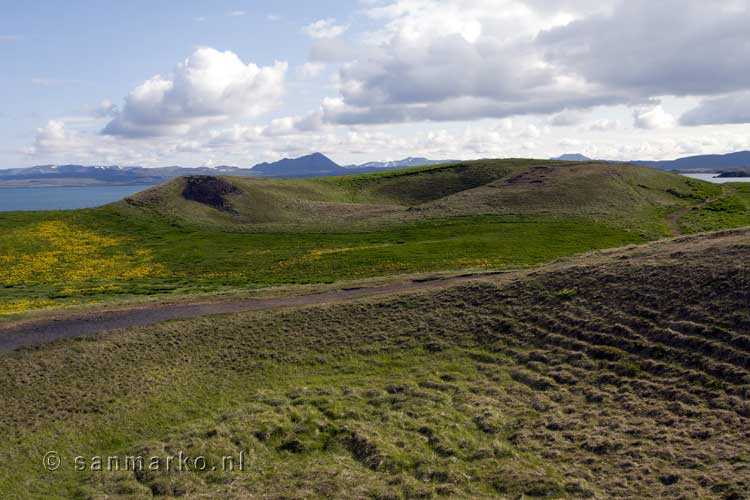 Vanaf het wandelpad het uitzicht over Skútustaðir bij Mývatn in IJsland