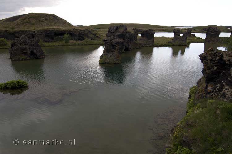 Mooie oude lavarosten in het meer bij Höfði bij Mývatn in IJsland