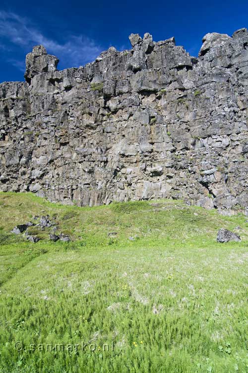 De hoge rotswanden gezien vanaf het wandelpad bij Þingvellir in IJsland