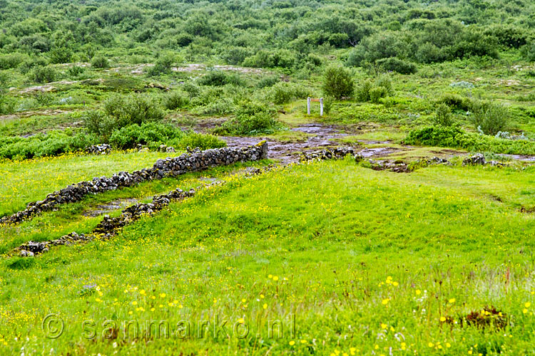 Uitzicht vanaf het wandelpad bij Skógarkot op de ruïnes van de boerderij in Þingvellir