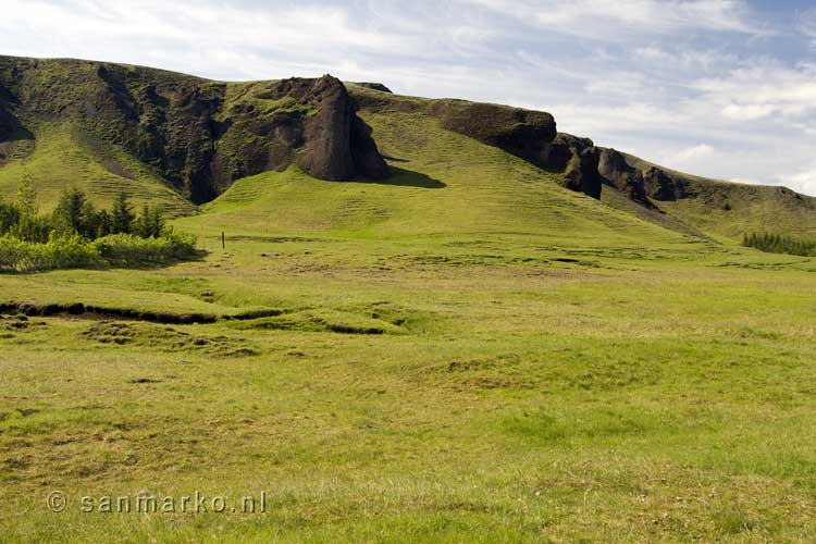 Schitterend uitzicht op de begroeide rotsen bij Kirkjubæjarklaustur in IJsland