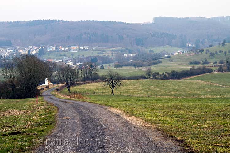 Het uitzicht vanaf de bosrand over Medernach in Luxemburg