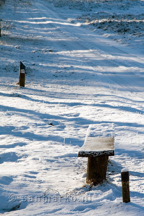 Een bankje onder de sneeuw in de Veluwezoom