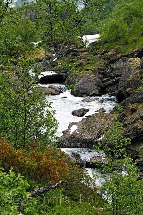 Een schitterend uizicht op de rivier tussen de rotsen van de Aurlandsdalen