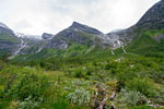 Vanaf het wandelpad het uitzicht over het uitgesleten dal van de Bødalsbreen