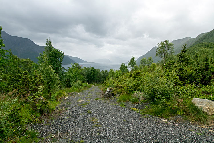 Bovenop het uitzichtpunt zitten de bergen bij Ålesund in de wolken